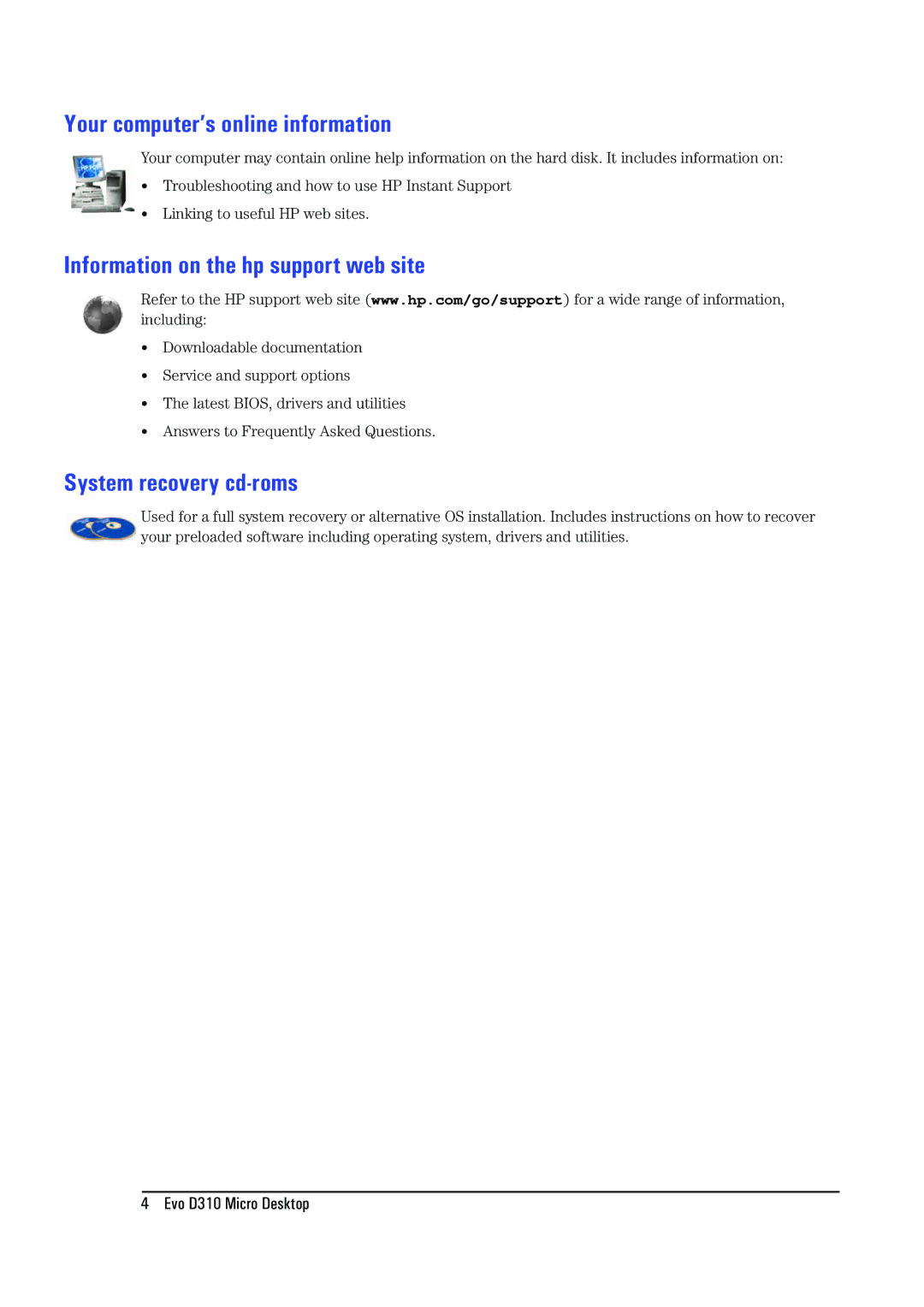 Compaq D310 manual Your computer’s online information, Information on the hp support web site, System recovery cd-roms 