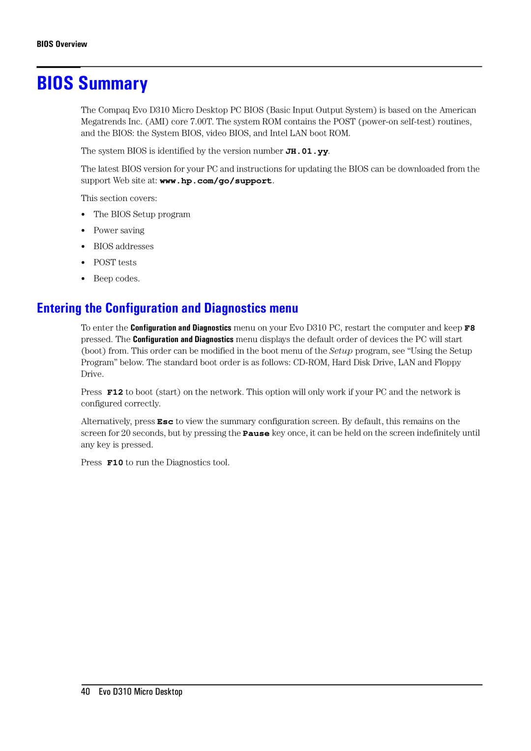 Compaq D310 manual Bios Summary, Entering the Configuration and Diagnostics menu, Bios Overview 