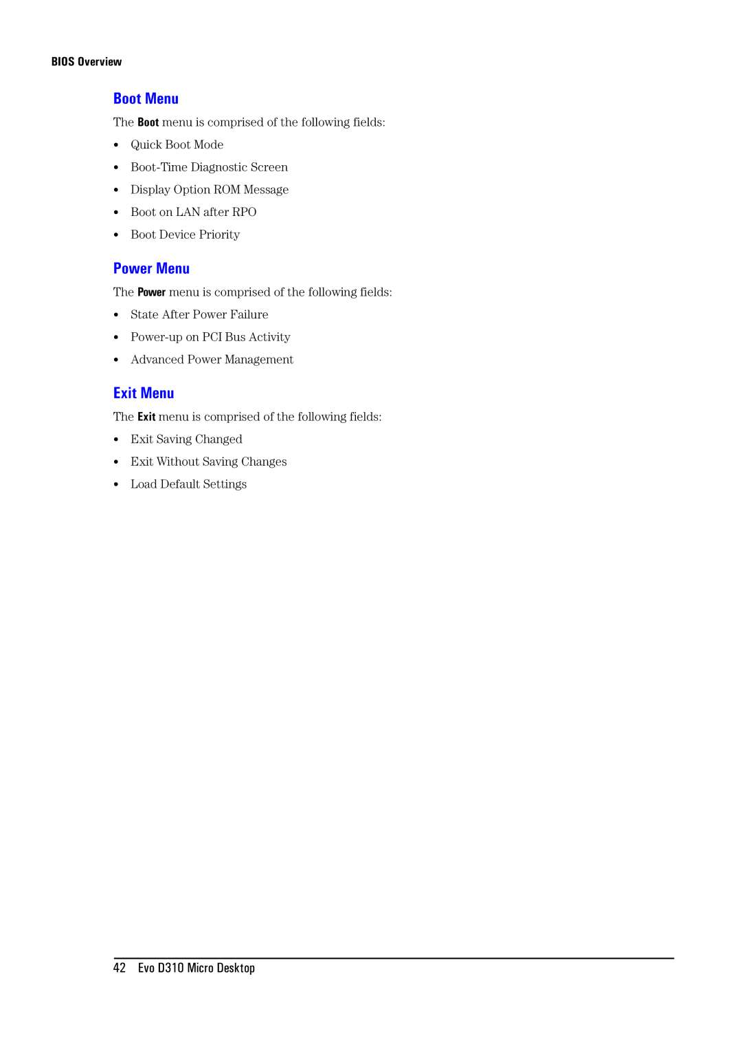 Compaq D310 manual Boot Menu, Power Menu, Exit Menu 