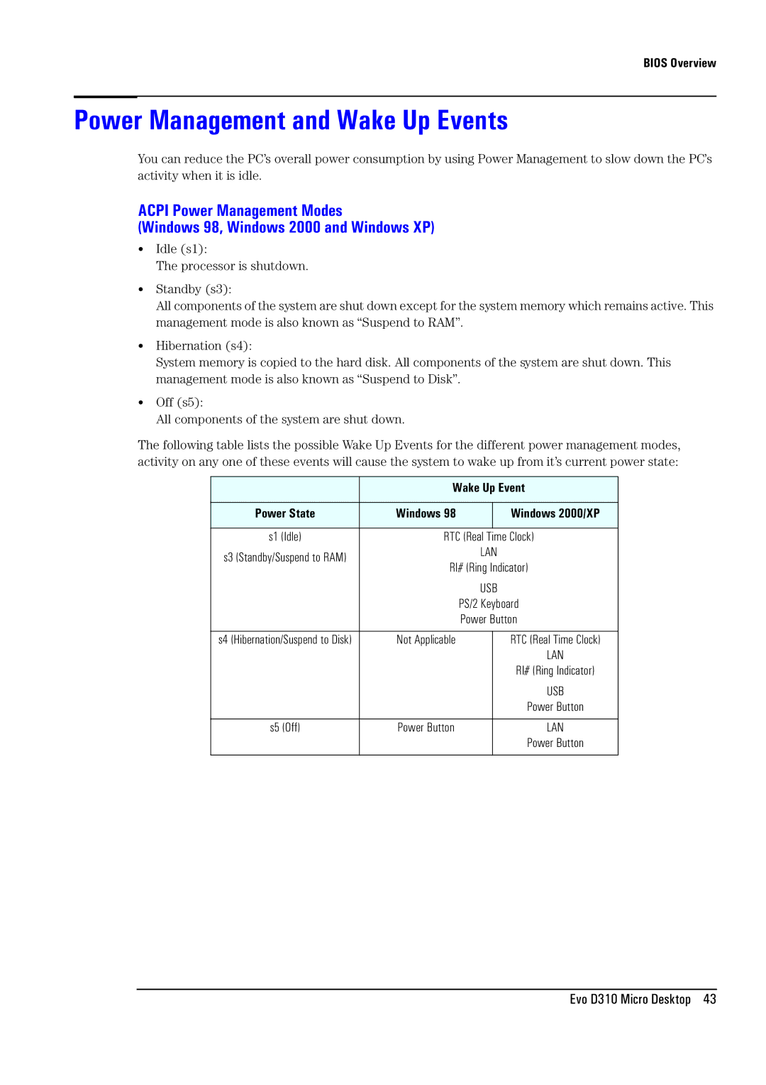 Compaq D310 manual Power Management and Wake Up Events 