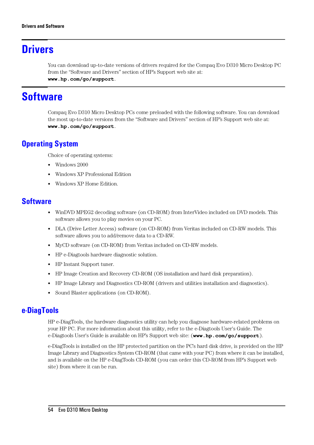 Compaq D310 manual Drivers Software, Operating System, DiagTools, Drivers and Software 