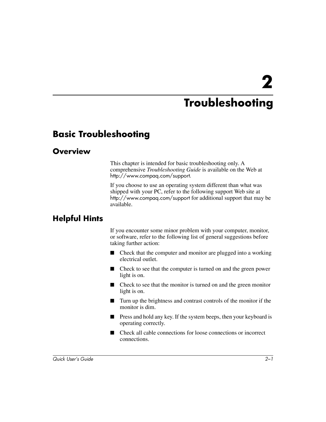 Compaq D510 e-pc manual Basic Troubleshooting, Overview, Helpful Hints 