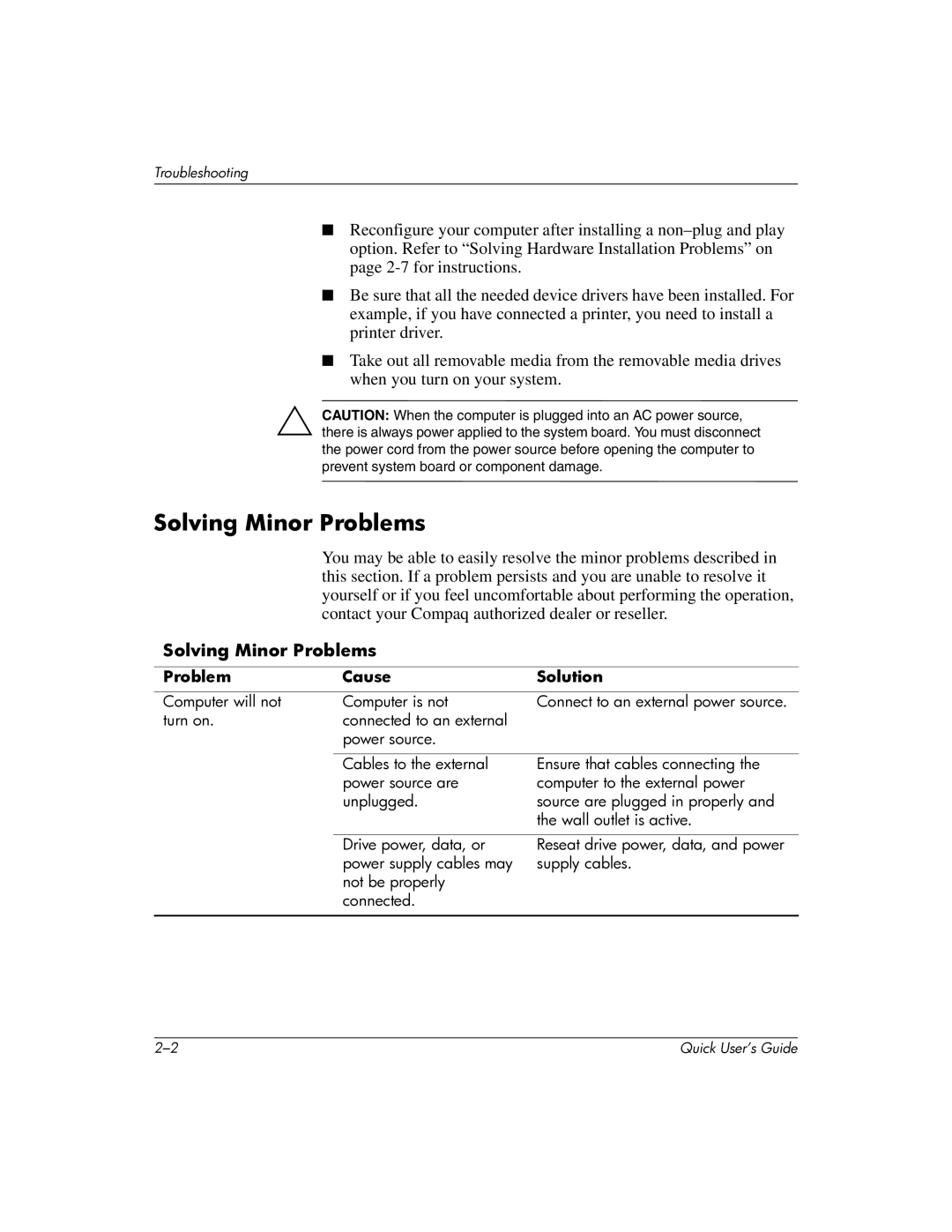 Compaq D510 e-pc manual Solving Minor Problems 