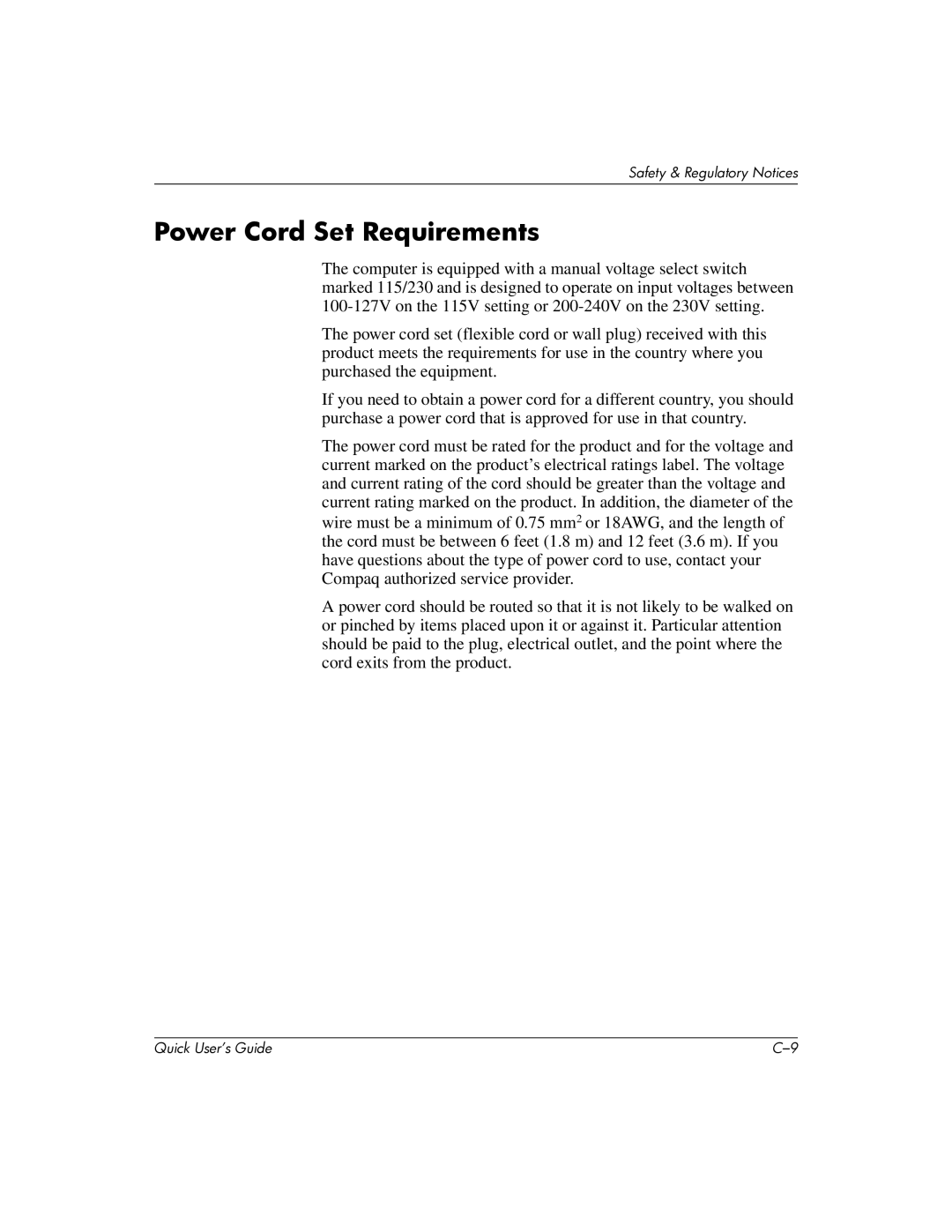 Compaq D510 e-pc manual Power Cord Set Requirements 