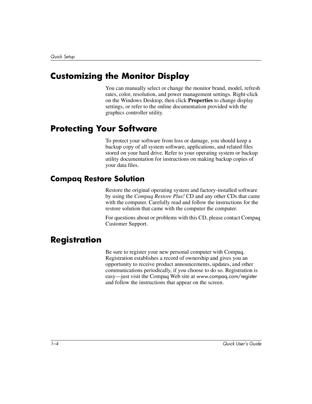 Compaq D510 e-pc manual Customizing the Monitor Display, Protecting Your Software, Registration, Compaq Restore Solution 