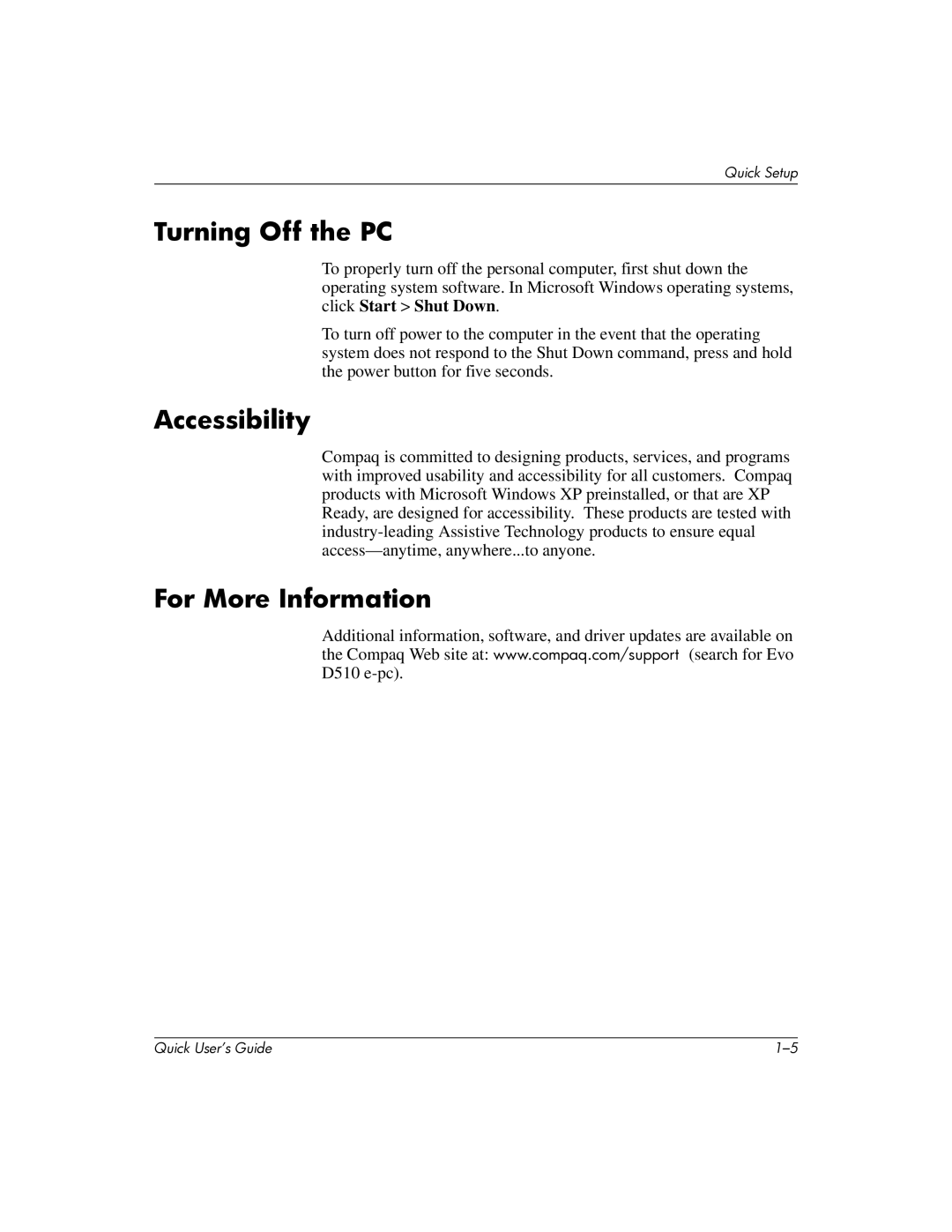 Compaq D510 e-pc manual Turning Off the PC, Accessibility, For More Information 