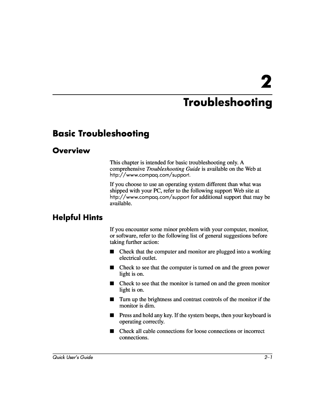Compaq D510 e-pc manual Basic Troubleshooting, Overview, Helpful Hints 