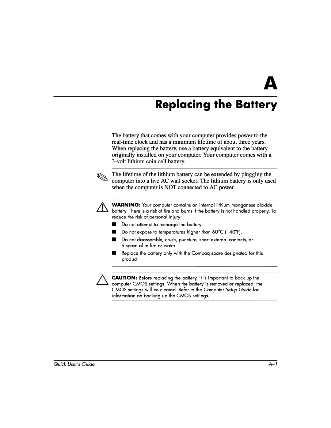 Compaq D510 e-pc manual Replacing the Battery 