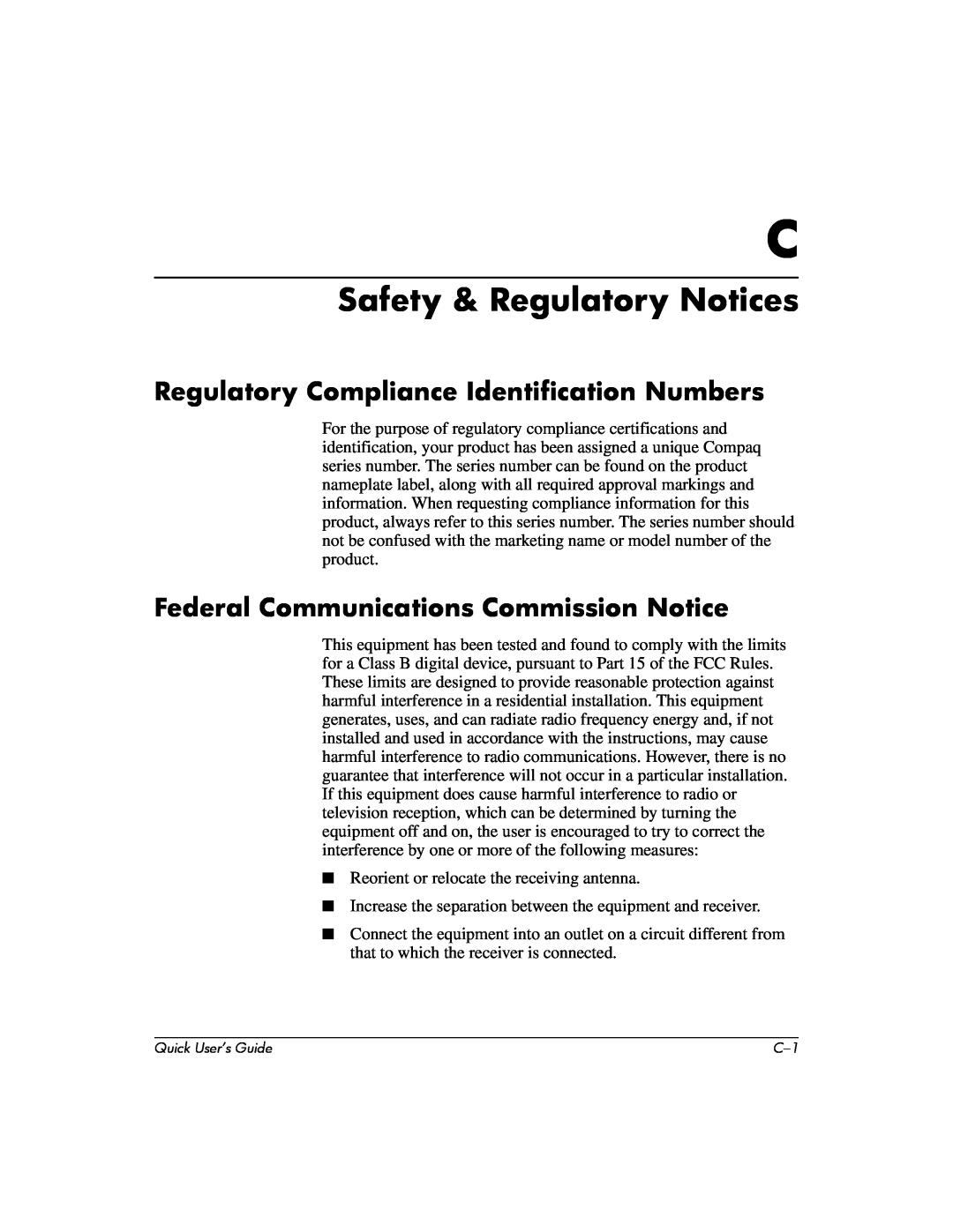 Compaq D510 e-pc manual Safety & Regulatory Notices, Regulatory Compliance Identification Numbers 