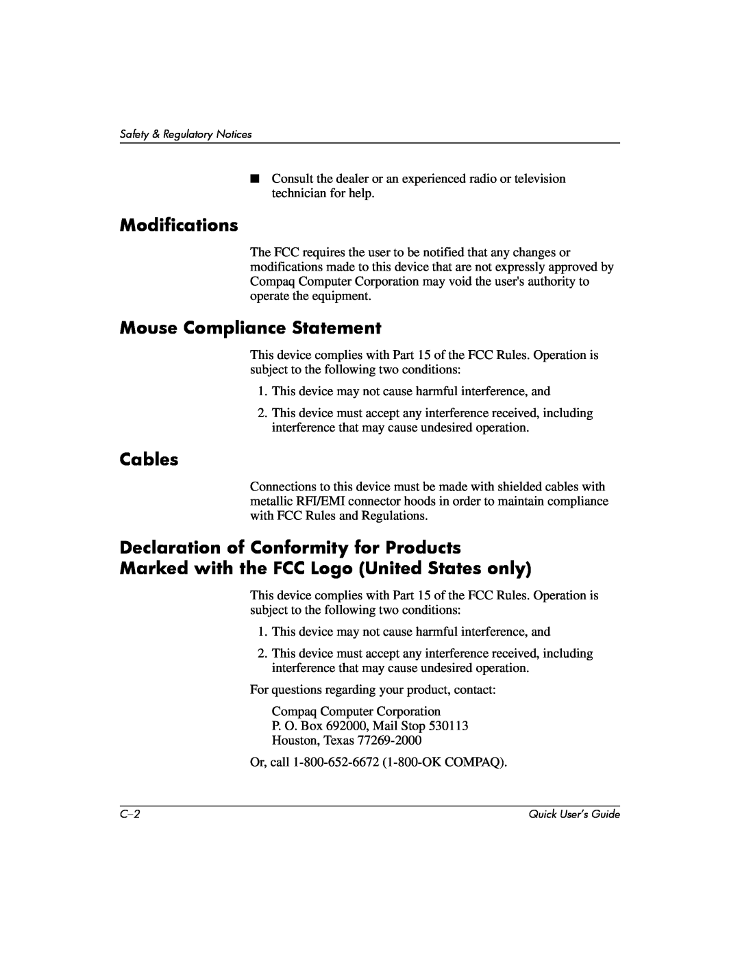 Compaq D510 e-pc manual Modifications, Mouse Compliance Statement, Cables, Safety & Regulatory Notices 