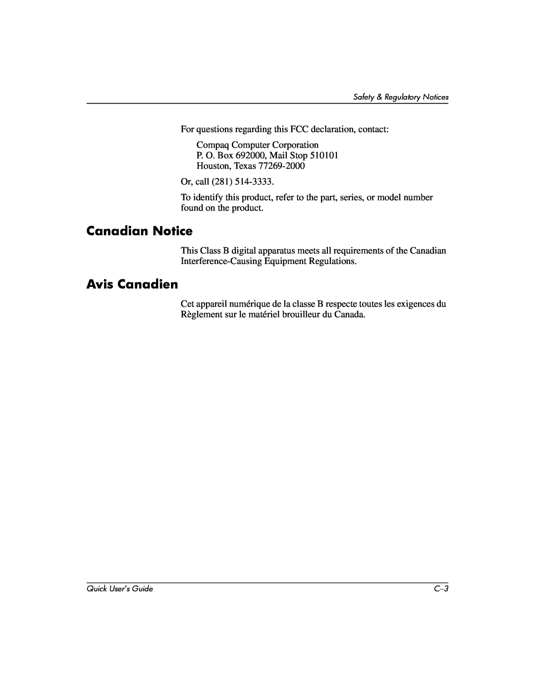 Compaq D510 e-pc manual Canadian Notice, Avis Canadien 