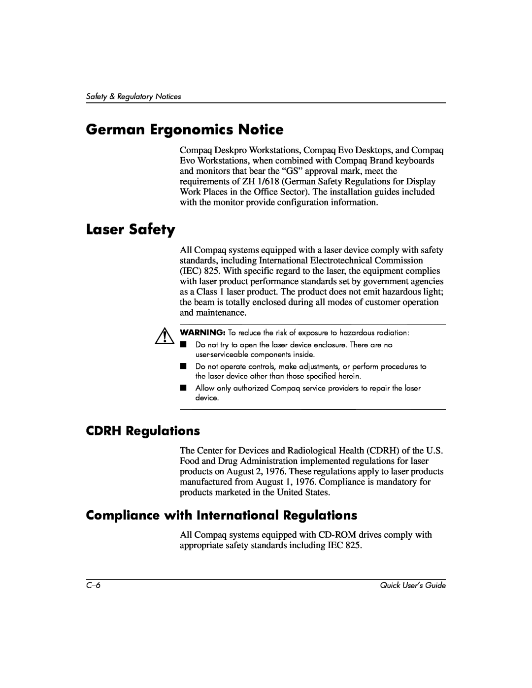 Compaq D510 e-pc manual German Ergonomics Notice, Laser Safety, CDRH Regulations, Compliance with International Regulations 