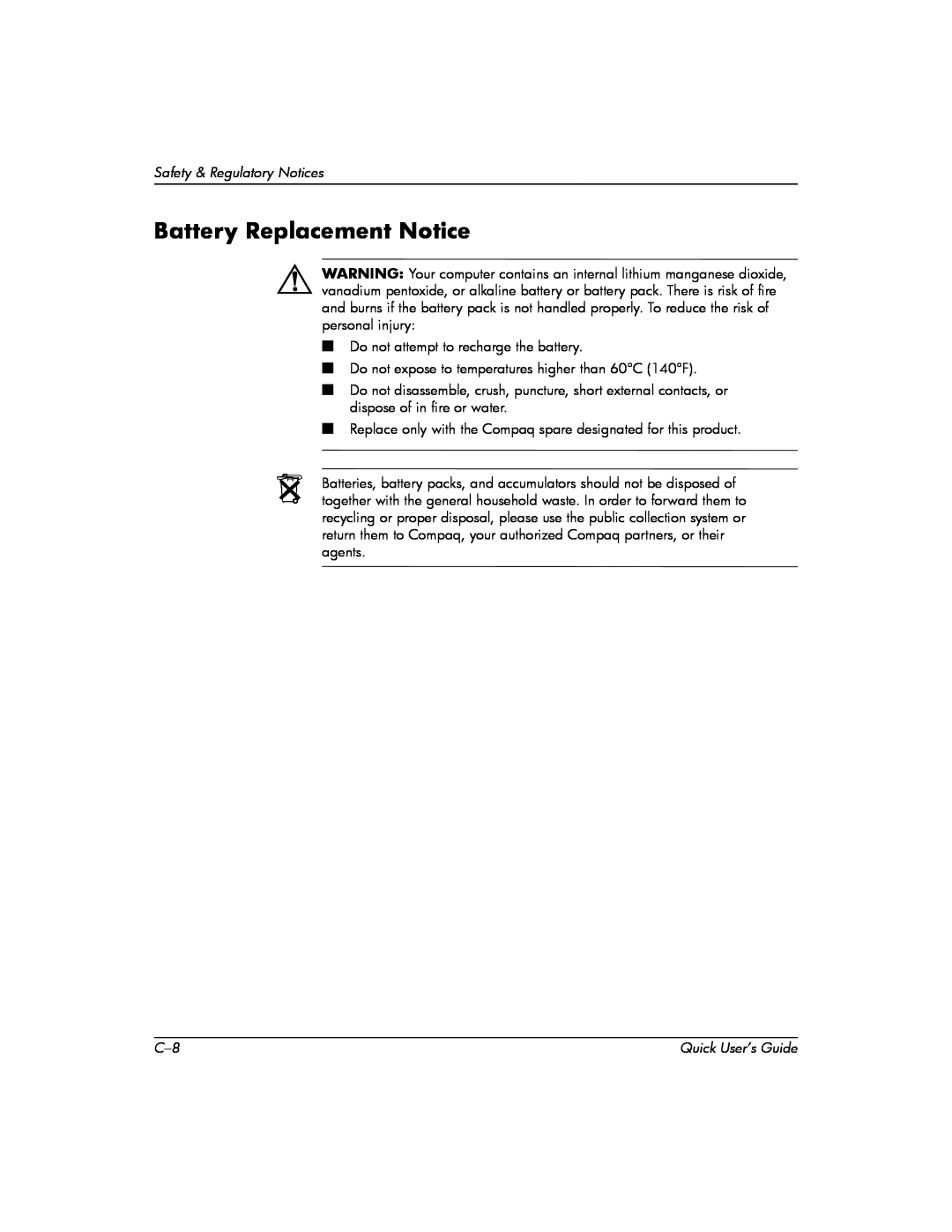 Compaq D510 e-pc manual Battery Replacement Notice, Safety & Regulatory Notices 