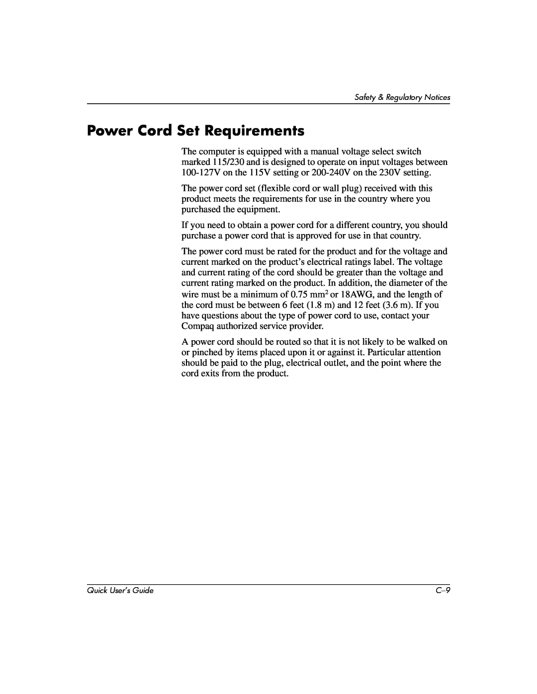 Compaq D510 e-pc manual Power Cord Set Requirements 