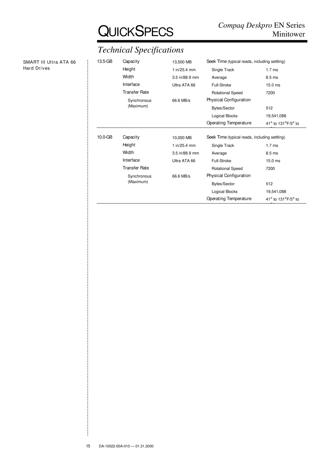 Compaq DA-10022-00A-010 warranty Technical Specifications 