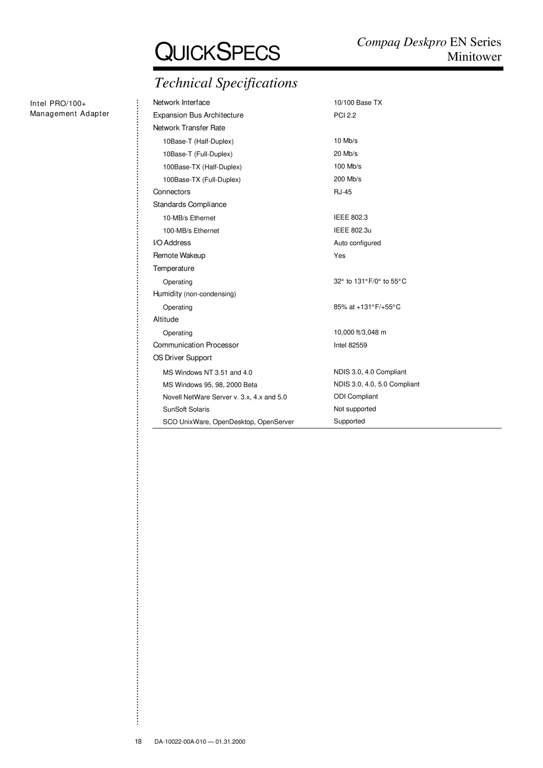 Compaq DA-10022-00A-010 warranty Connectors Standards Compliance, Address Remote Wakeup Temperature, Altitude 