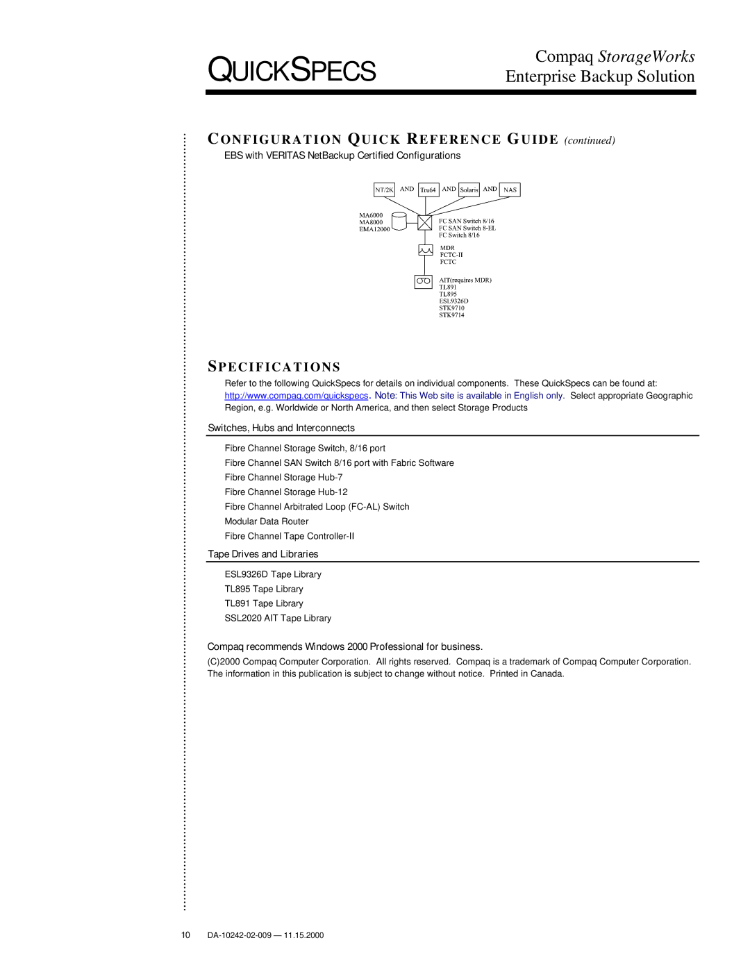 Compaq esl9326d manual Pecifications, EBS with Veritas NetBackup Certified Configurations, Switches, Hubs and Interconnects 