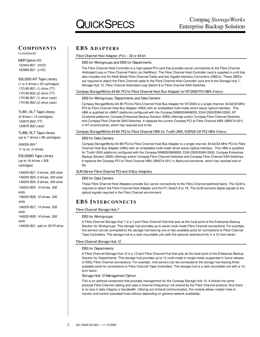 Compaq SSL2020, DA-10242, TL895, esl9326d manual EBS Adapters, EBS Interconnects 