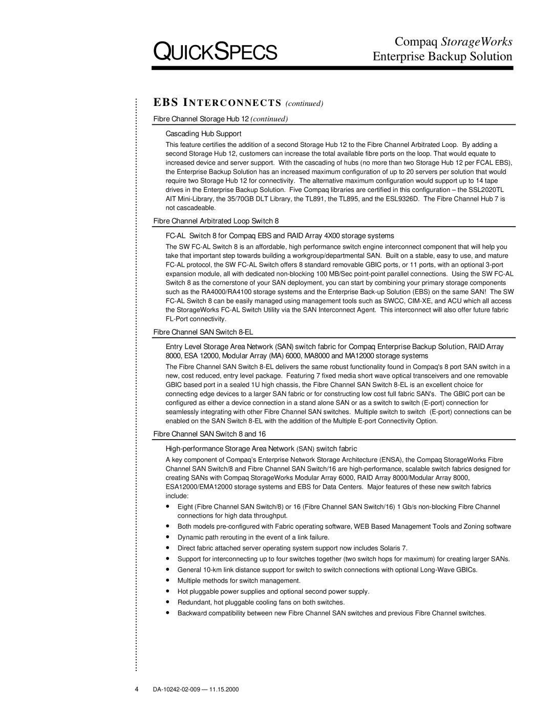 Compaq DA-10242, TL895, esl9326d, SSL2020 manual EBS Interconnects, Fibre Channel Storage Hub Cascading Hub Support 