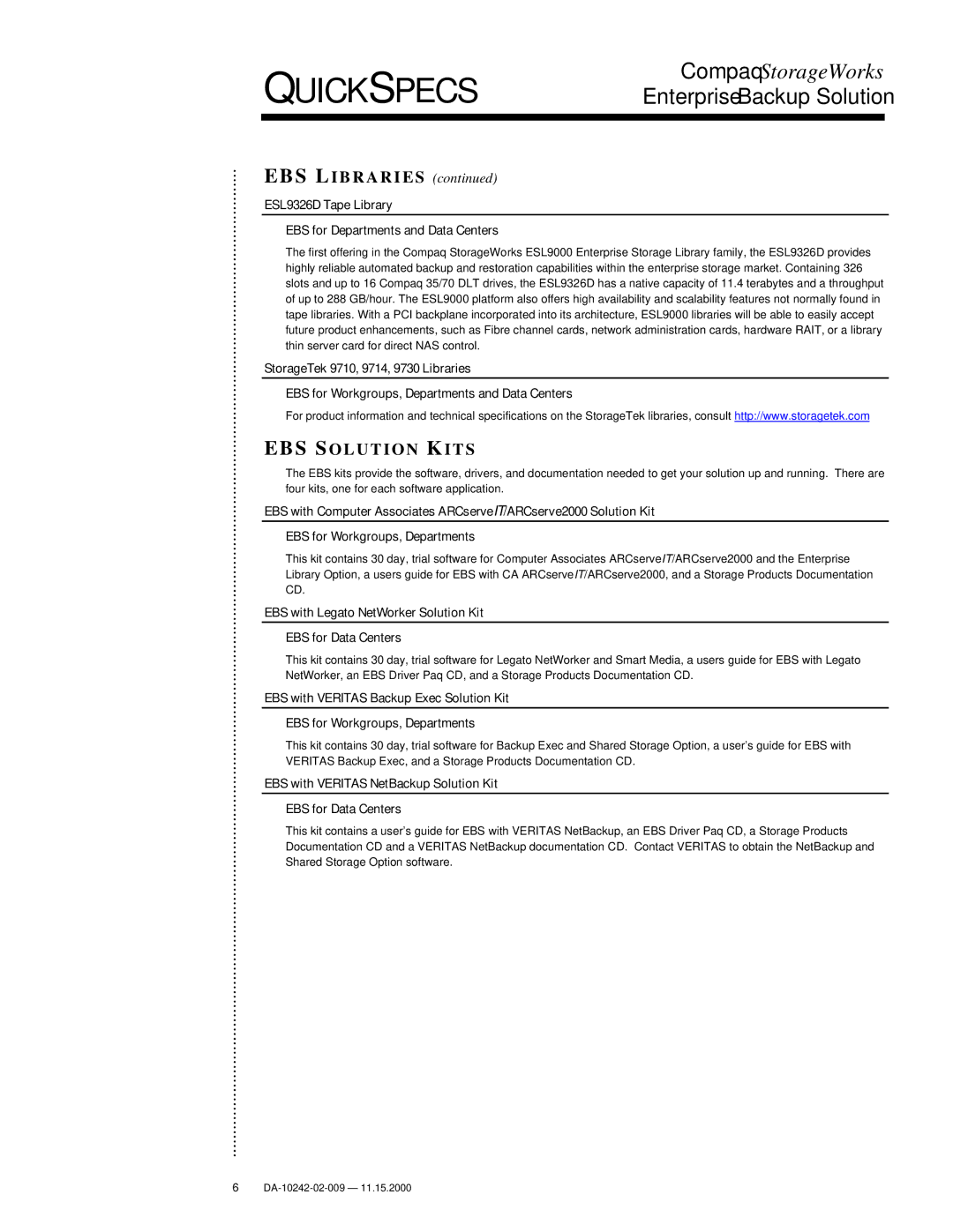 Compaq esl9326d, DA-10242, TL895, SSL2020 manual EBS Solution Kits, ESL9326D Tape Library EBS for Departments and Data Centers 