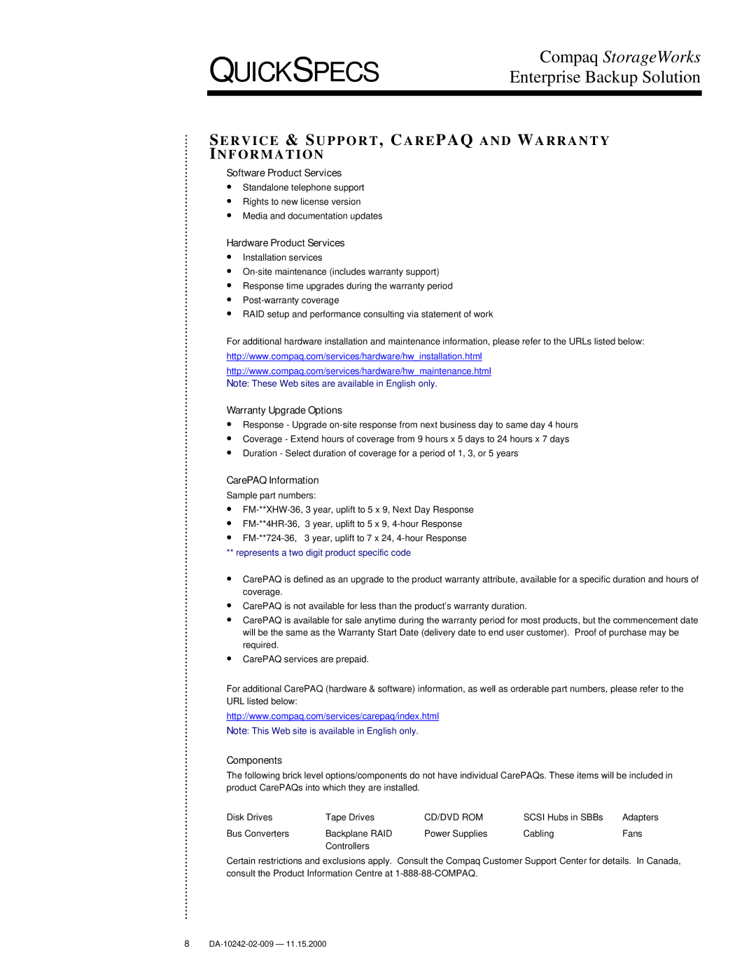 Compaq DA-10242, TL895, esl9326d, SSL2020 manual Service & SUPPORT, Carepaq and Warranty Nformation 