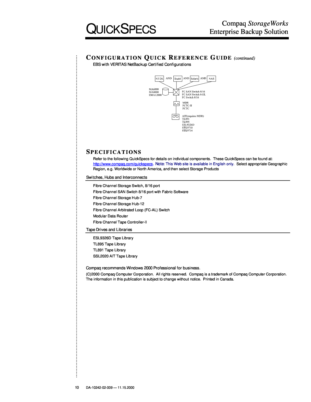 Compaq esl9326d, DA-10242 CONFIGURATION QUICK REFERENCE GUIDE continued, S Pecifications, Switches, Hubs and Interconnects 