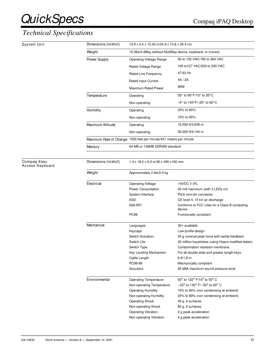 Compaq DA-10832 warranty Technical Specifications 