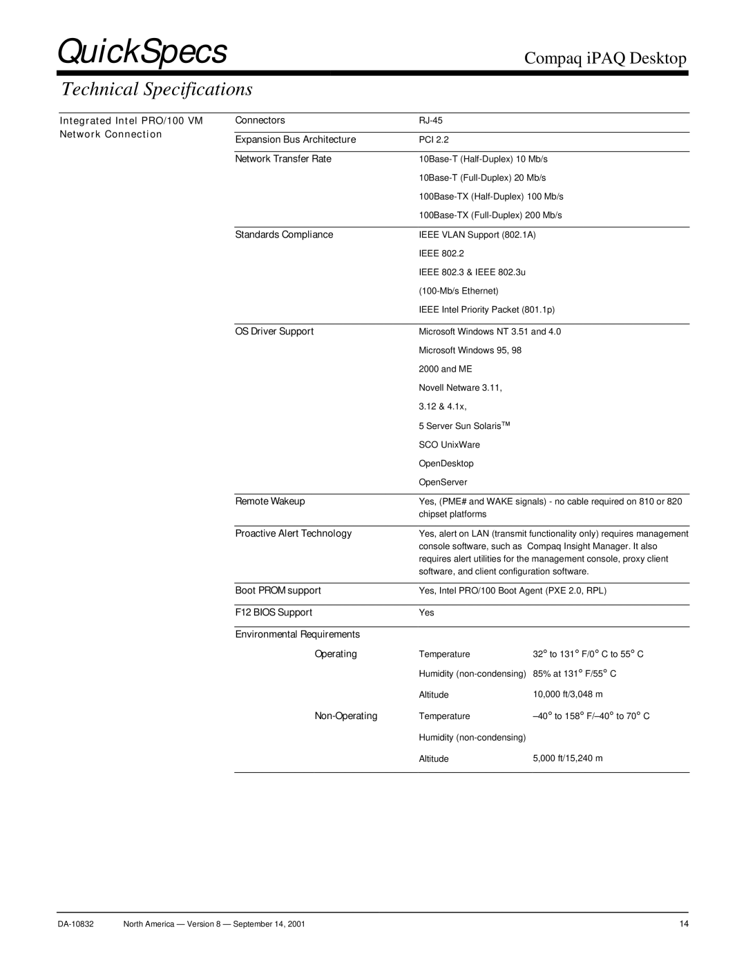 Compaq DA-10832 Integrated Intel PRO/100 VM Network Connection Connectors, Expansion Bus Architecture, OS Driver Support 