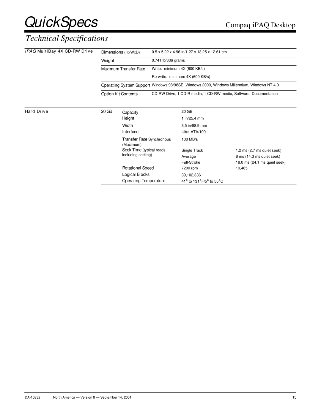 Compaq DA-10832 IPAQ MultiBay 4X CD-RW Drive Dimensions HxWxD, Option Kit Contents, Hard Drive 20 GB Capacity, Height 