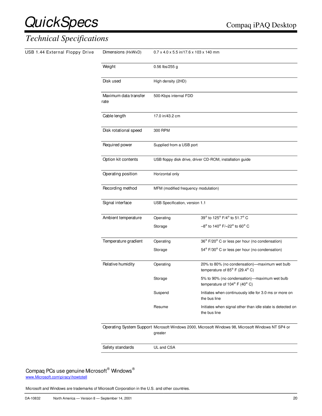 Compaq DA-10832 USB 1.44 External Floppy Drive Dimensions HxWxD, Disk used, Maximum data transfer, Rate Cable length 