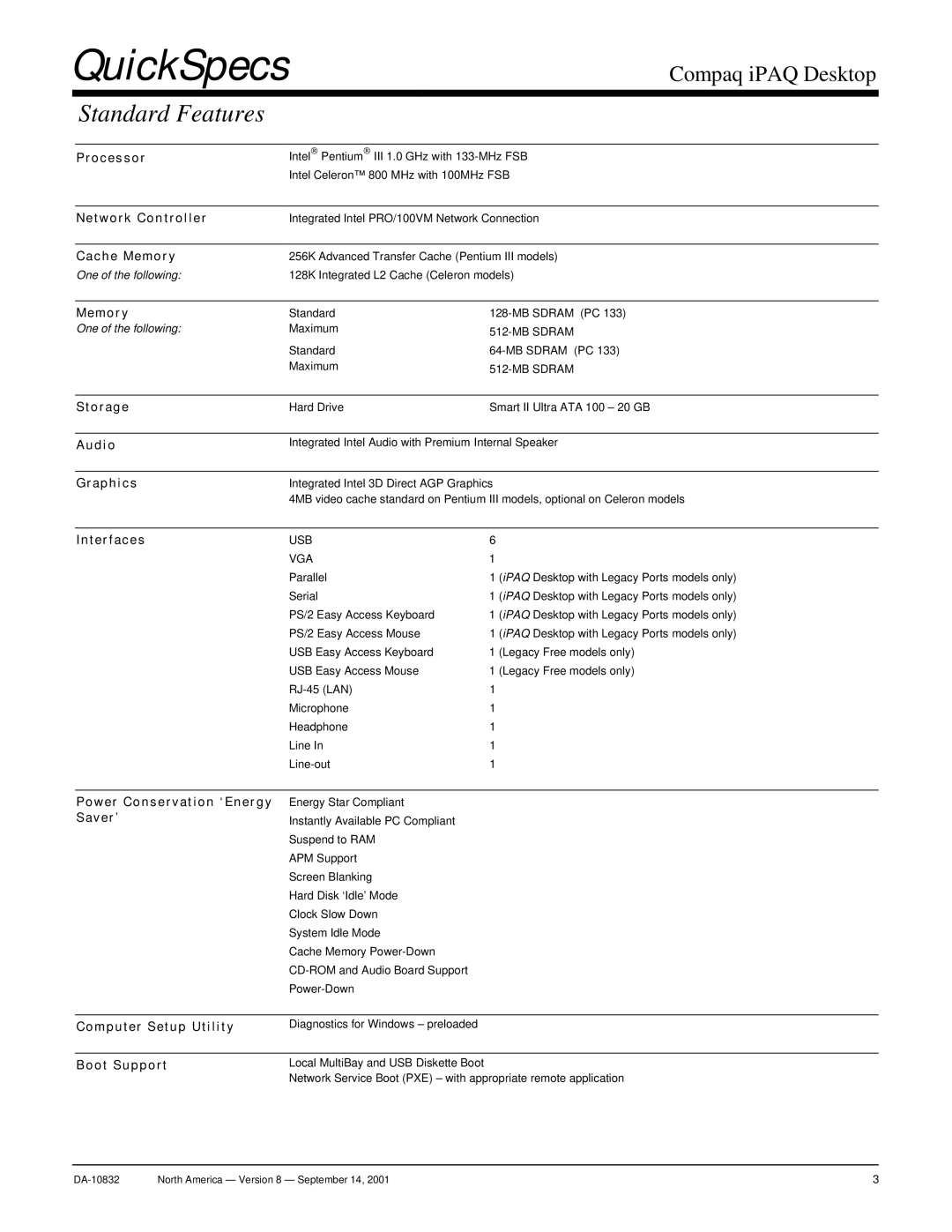 Compaq DA-10832 warranty Standard Features 