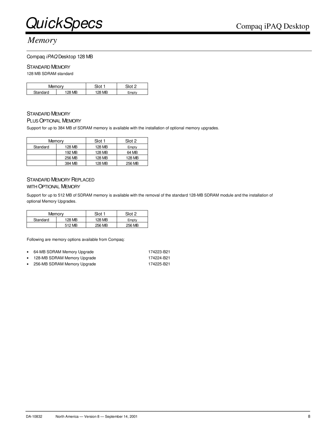 Compaq DA-10832 warranty Compaq iPAQ Desktop 128 MB, Standard Memory 128 MB Sdram standard Slot 