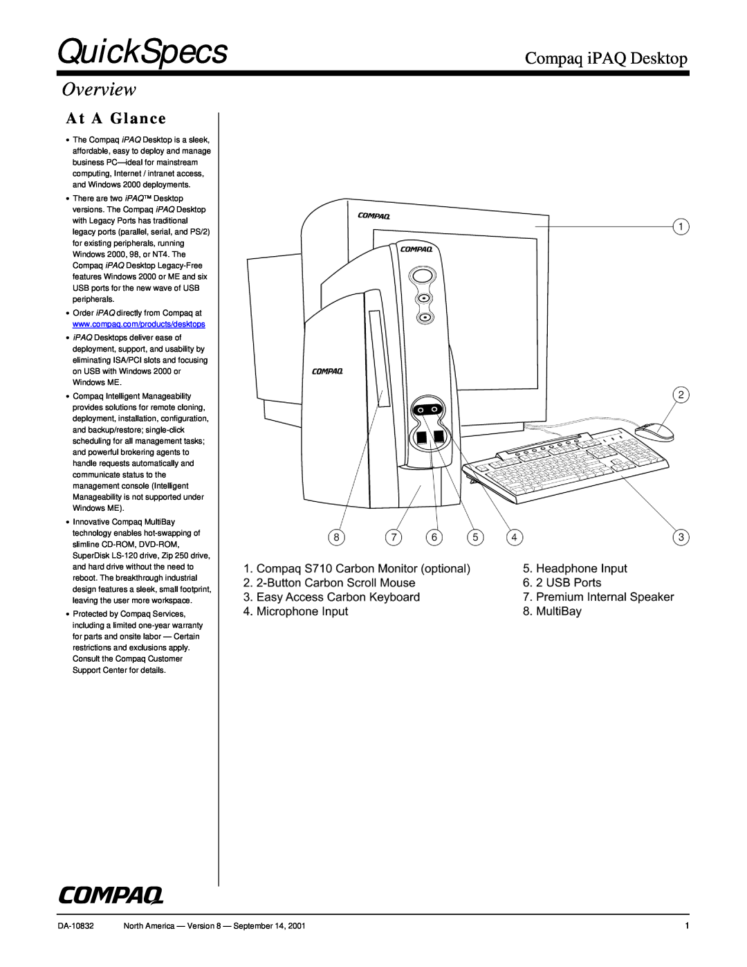 Compaq DA-10832 warranty QuickSpecs, Overview, Compaq iPAQ Desktop, At A Glance 