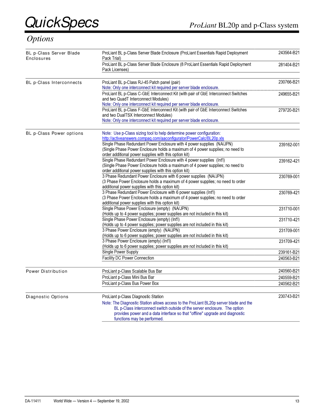 Compaq DA-11411 warranty BL p-Class Server Blade, Enclosures, BL p-Class Interconnects, BL p-Class Power options 