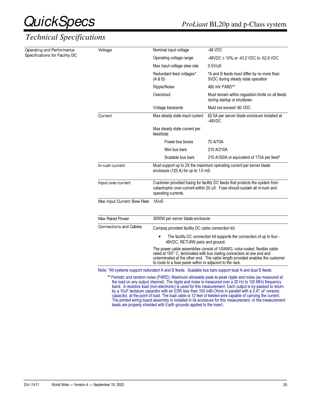 Compaq DA-11411 warranty Operating and Performance Voltage, Specifications for Facility DC, Current, In-rush current 