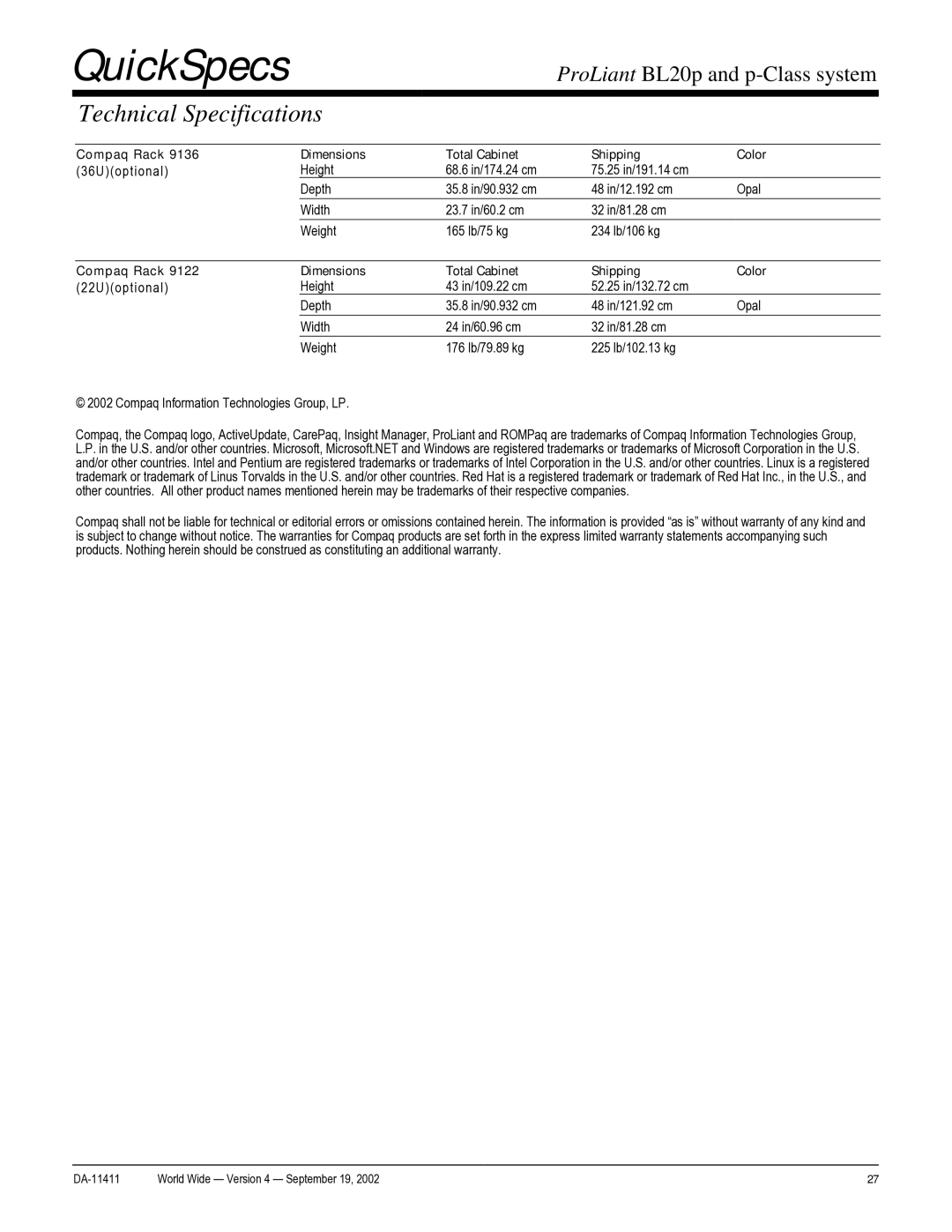 Compaq DA-11411 warranty QuickSpecs 