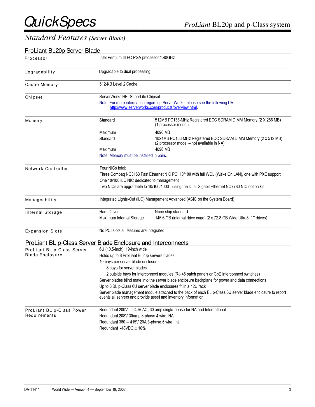 Compaq DA-11411 warranty Standard Features Server Blade 