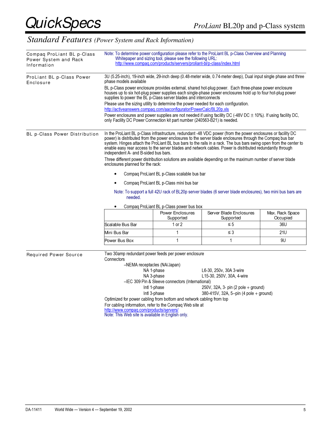 Compaq DA-11411 warranty Compaq ProLiant BL p Class Power System and Rack, Information ProLiant BL p Class Power, Enclosure 