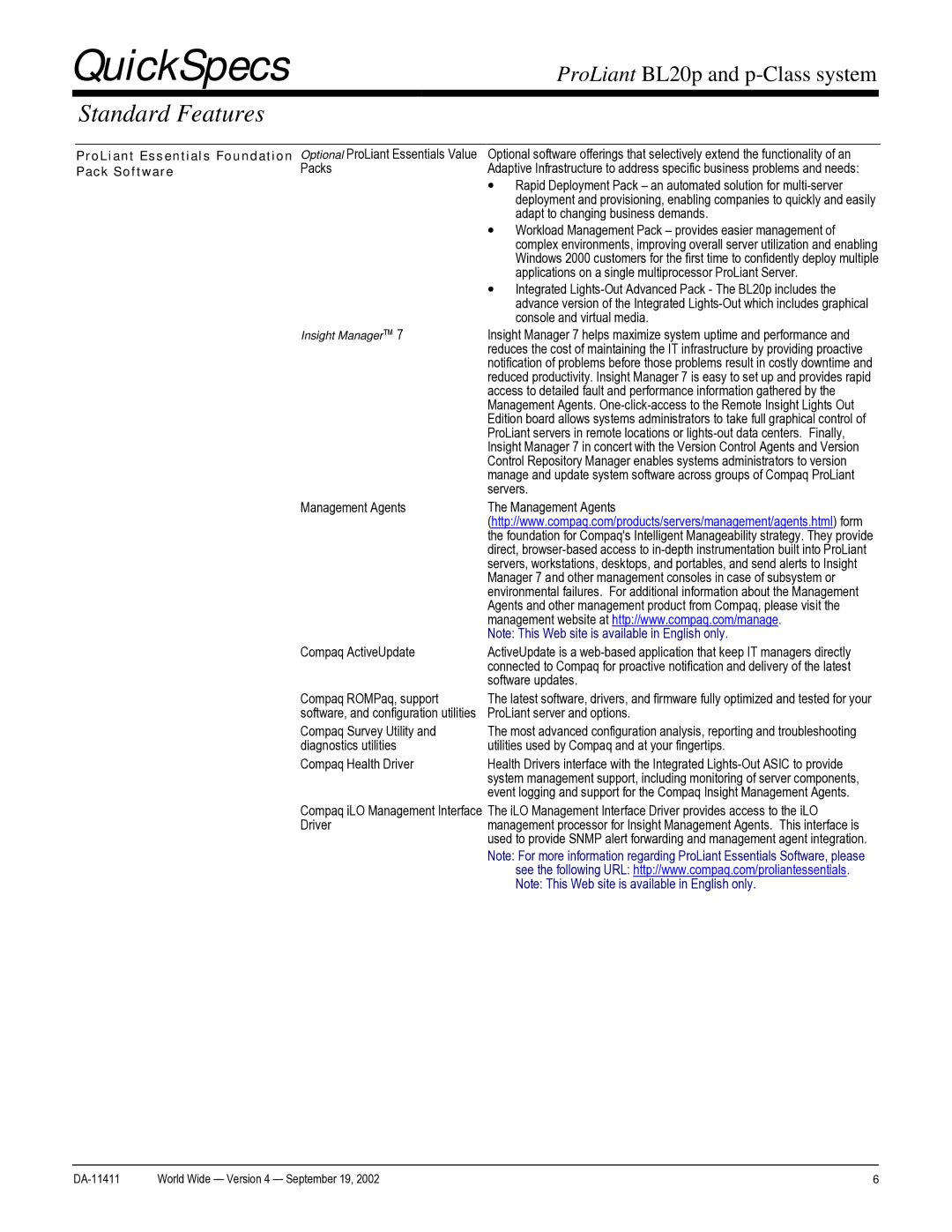 Compaq DA-11411 warranty Standard Features, ProLiant Essentials Foundation Pack Software 