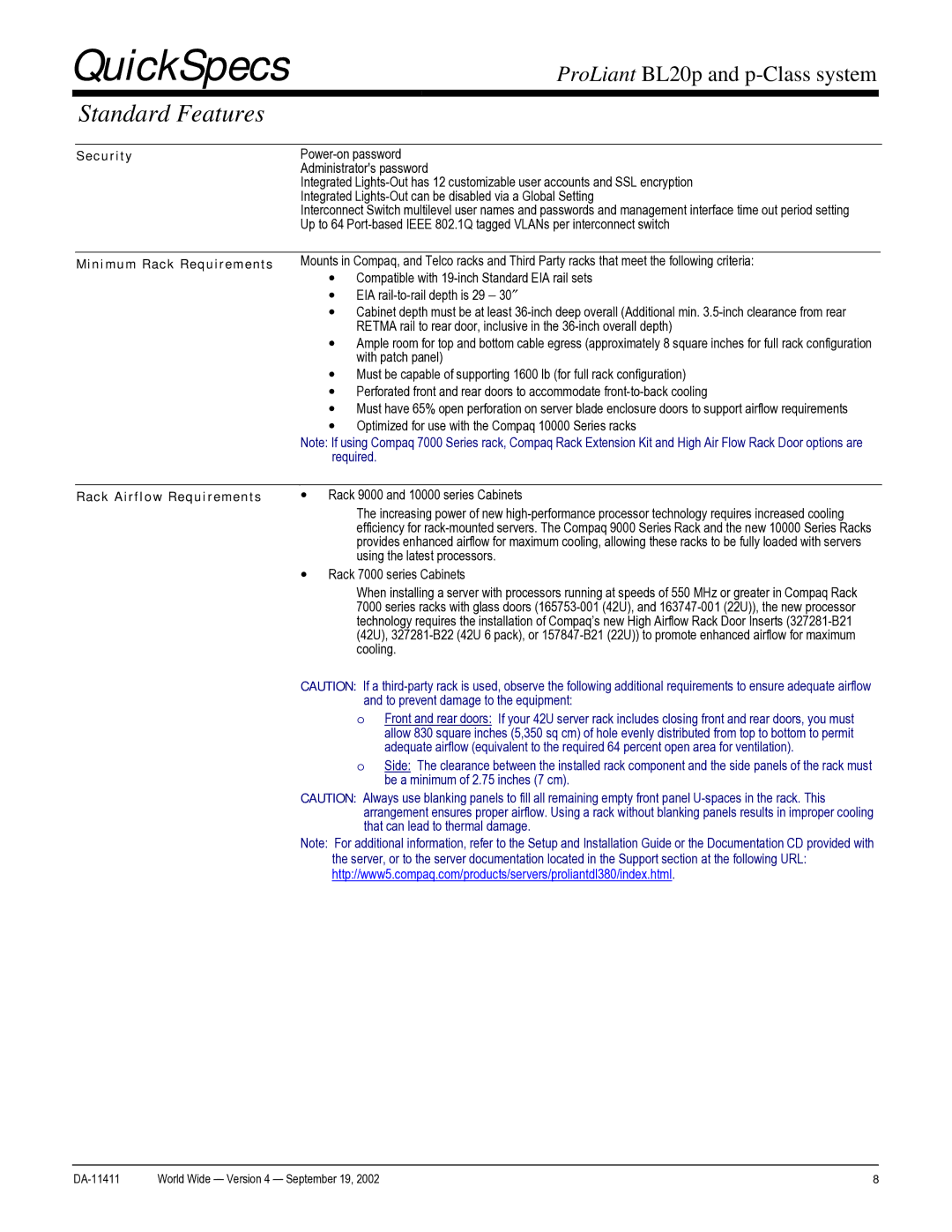 Compaq DA-11411 warranty Security, Minimum Rack Requirements, Rack Airflow Requirements 