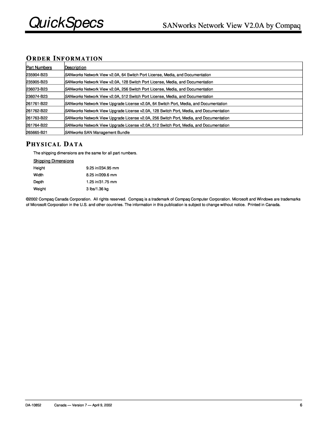 Compaq DA10682 manual Order Information, Physical Data, QuickSpecs, SANworks Network View V2.0A by Compaq 