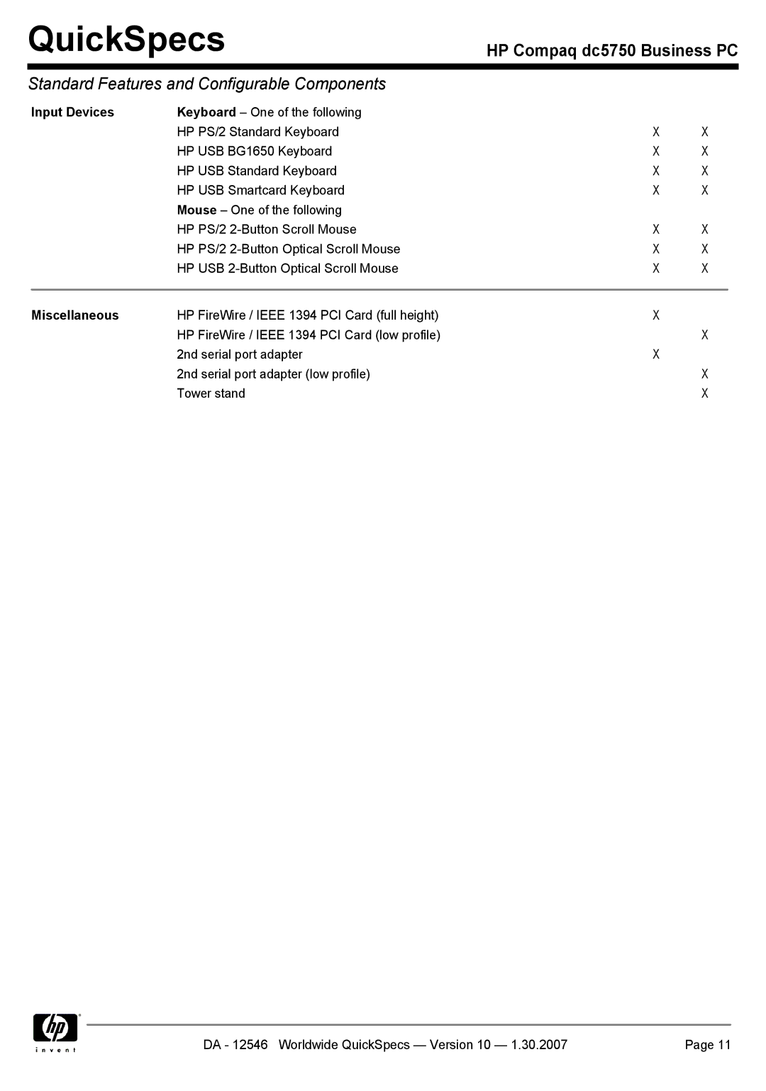 Compaq dc5750 manual Input Devices, Miscellaneous 