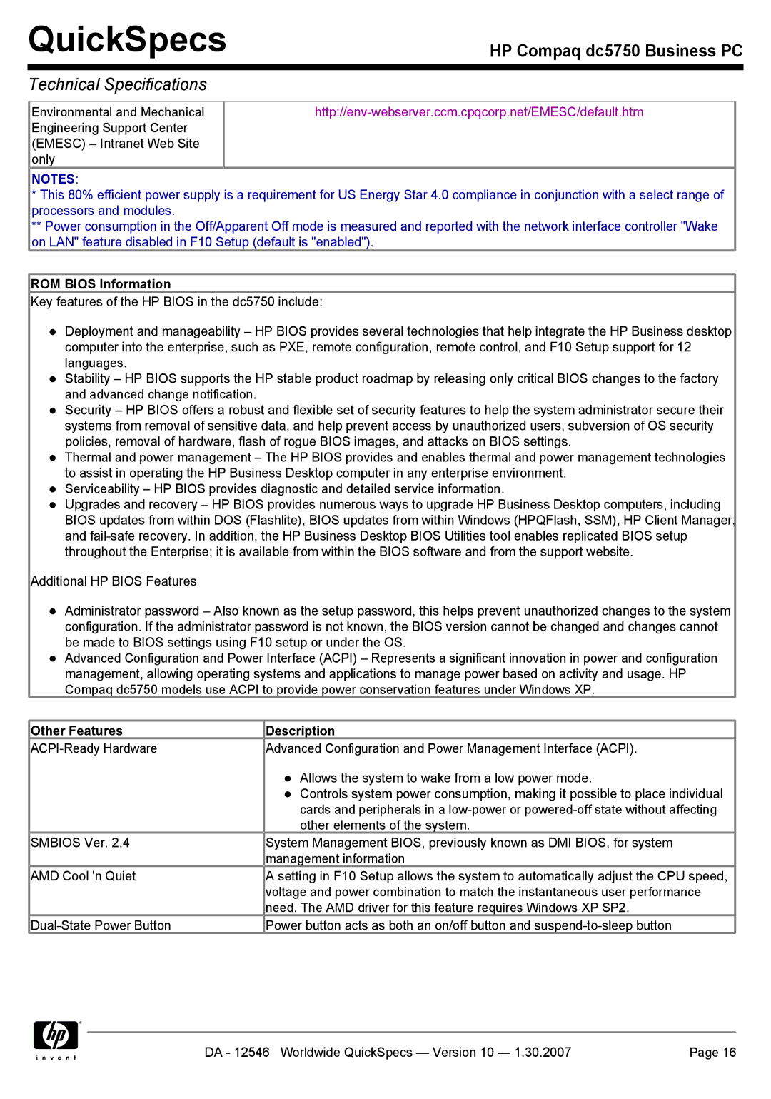 Compaq dc5750 manual ROM Bios Information, Other Features Description 