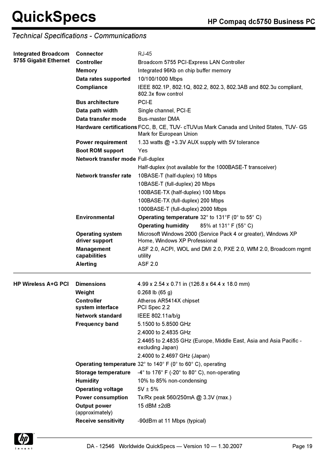 Compaq dc5750 manual Technical Specifications Communications 