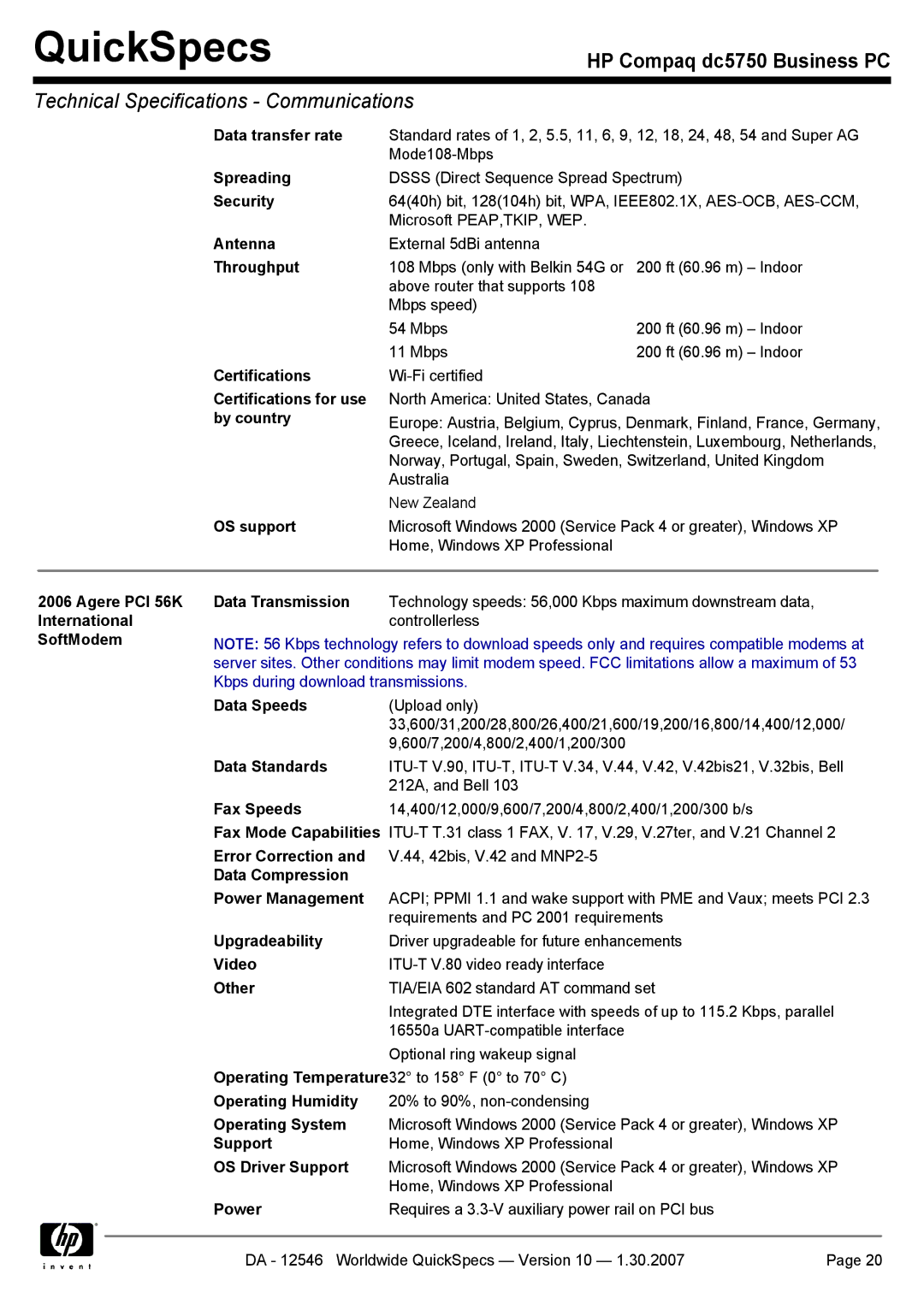 Compaq dc5750 manual Data transfer rate, Spreading, Antenna, Throughput, Certifications for use, By country, OS support 