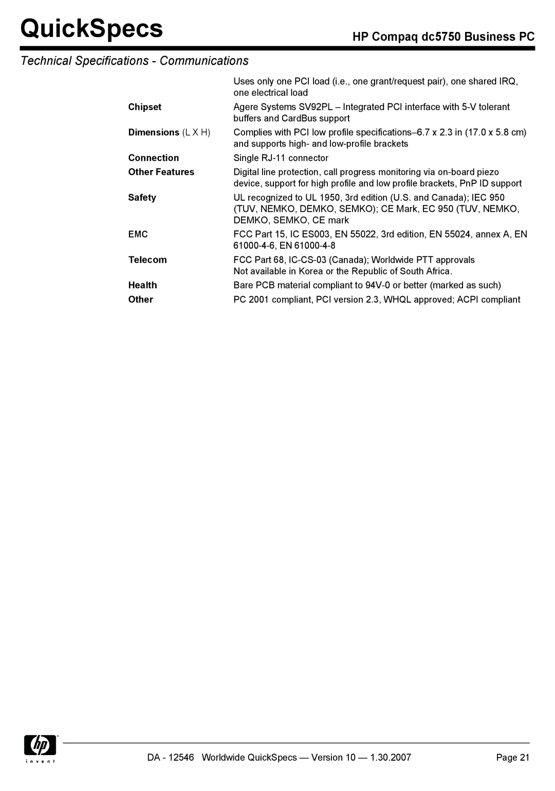 Compaq dc5750 manual Emc 