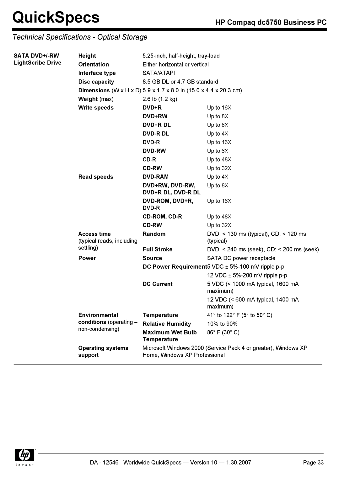 Compaq dc5750 manual Technical Specifications Optical Storage 