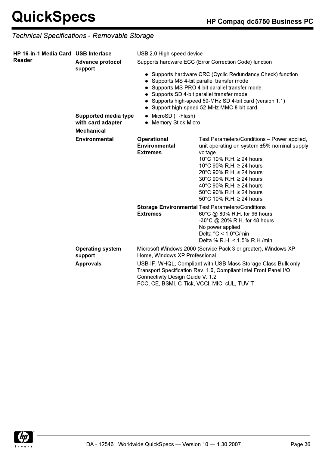 Compaq dc5750 manual Technical Specifications Removable Storage 