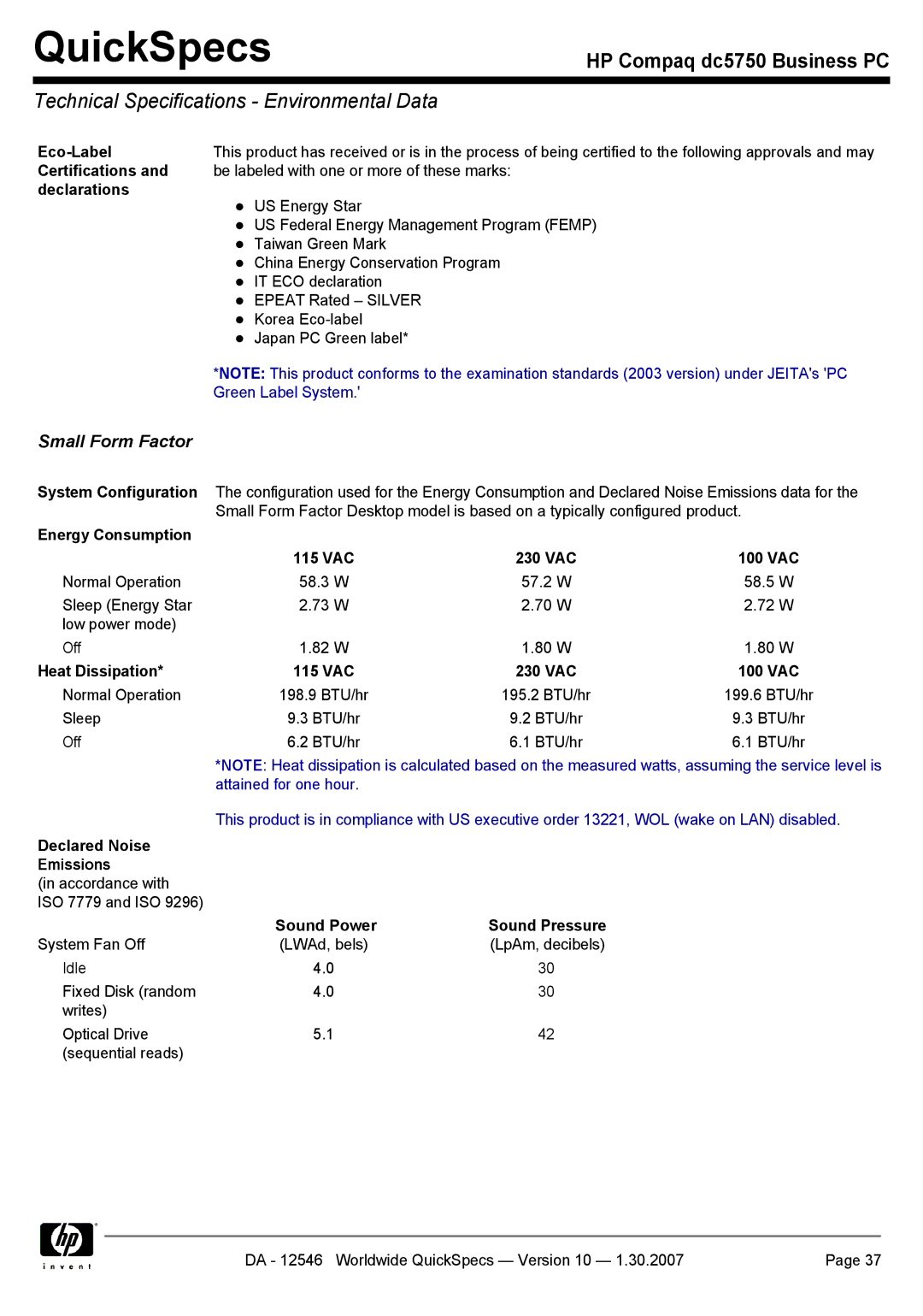 Compaq dc5750 manual Technical Specifications Environmental Data 