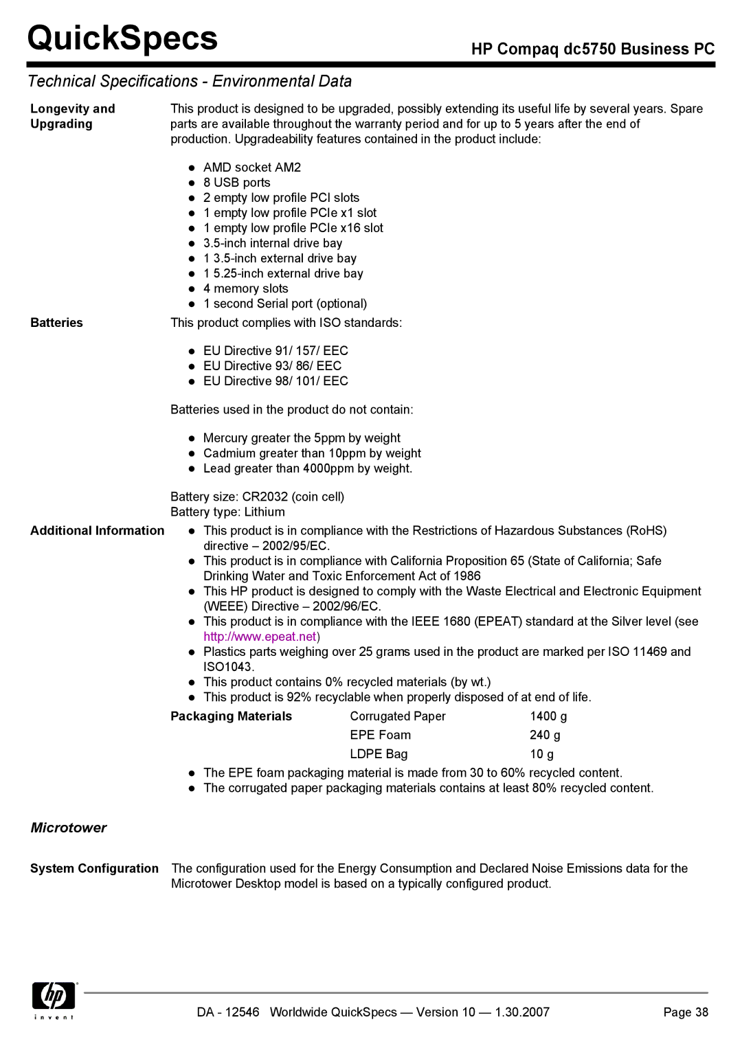 Compaq dc5750 manual Longevity, Upgrading, Batteries This product complies with ISO standards, Packaging Materials 